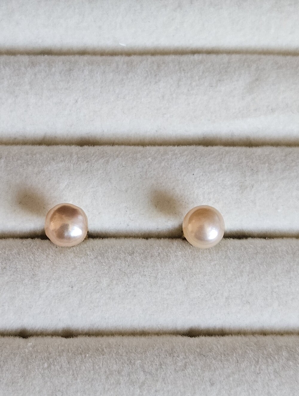 Classic Peach Colored Pearl Push Back Stud Earrings with Gold Toned Setting